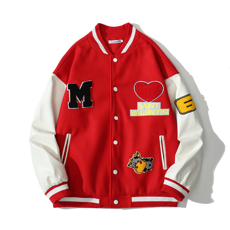 Red Varsity Jacket Vintage Love Embroidered Jacket Street Pu Stitching Cartoon Embroidery Couple Loose Baseball Uniform