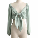 Women Fall Fall Puff Sleeve Sexy Short Bow Tube Top Shirt Top