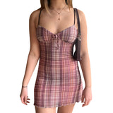 Gingham Dress Sexy Mesh Spaghetti-Strap Dress Autumn New Plaid Dress