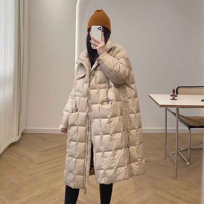 Women Winter Coats Puffer Jacket Down Coat Plaid Stand Collar Mid-Length Female White Duck Down Jacket