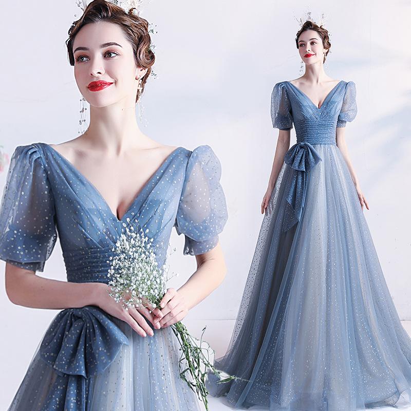 Women'S Evening Dress Ball Gown Princess Quinceanera Wedding Dresses Blue Starlight Deep V-Neck Puff Sleeve Banquet Host Evening Dress