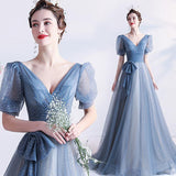 Women'S Evening Dress Ball Gown Princess Quinceanera Wedding Dresses Blue Starlight Deep V-Neck Puff Sleeve Banquet Host Evening Dress