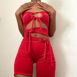 Stitching Solid Color Sleeveless Backless Lace-up Tied Slim Fit Shorts Jumpsuit