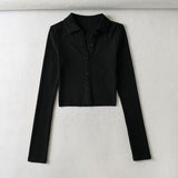 Women Fall Fall Fall Three-Color Polo Collar Long-Sleeved Top Single-Breasted Short T-shirt