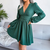 Winter Formal Dresses Autumn Winter Sexy V-neck Tight Waist Chiffon Pleated Dress