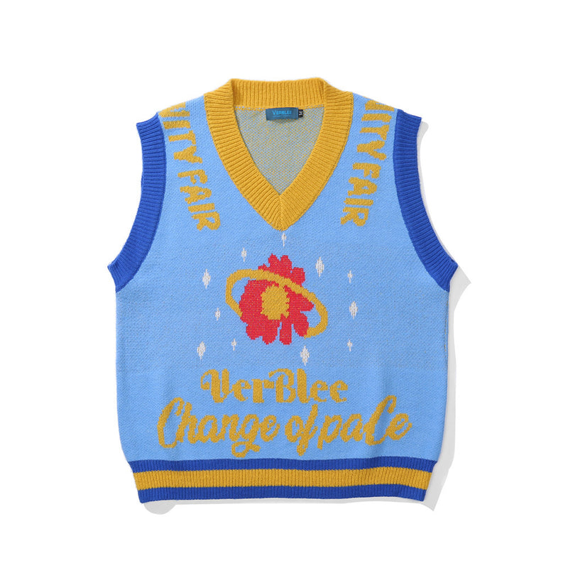 Men Sweater Vest Flower Jacquard Color Matching Sleeveless Sweater Vest Men's Loose V-neck Sweater Waistcoat