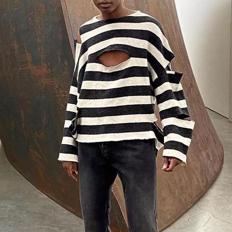 Rave Outfits Men Long Sleeve Shirt Sexy Cutout Loose Long-Sleeve T-shirt Sleeve Vintage