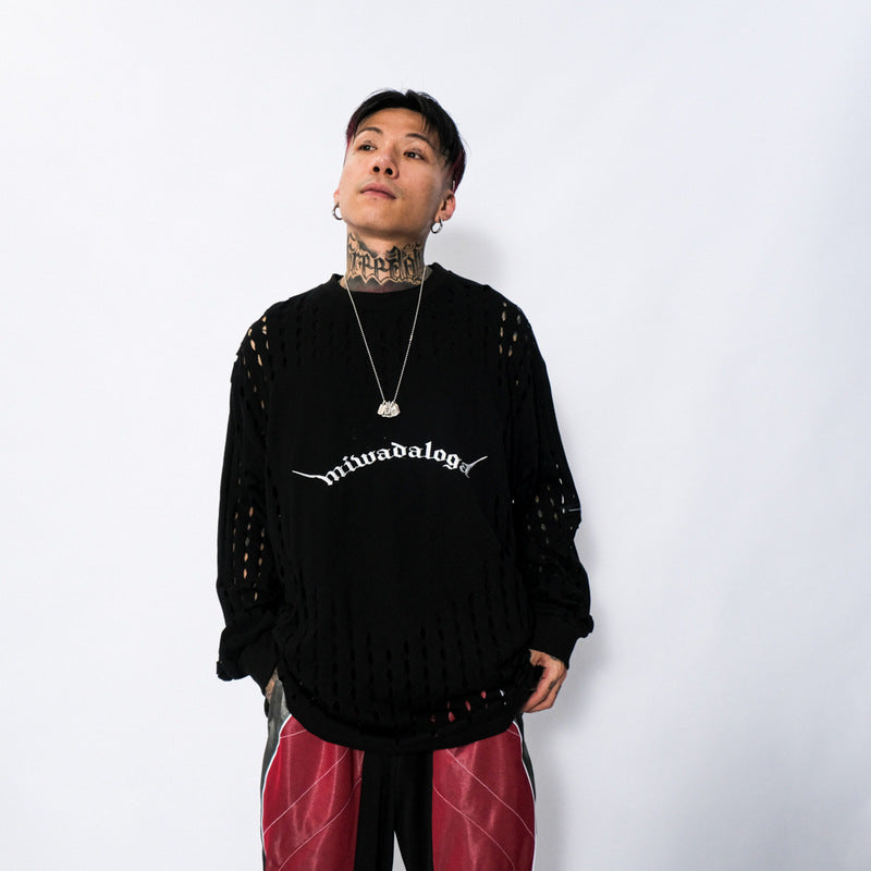 Mens Fall Outfits Retro High Street Heavy Industry Love Heart Loose Hole Long Sleeve T-shirt Couple's Tops