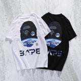 Shark Print T Shirt Summer Loose Cartoon Printed Short Sleeve Leisure Pullover Collarless White Bottoming Shirt