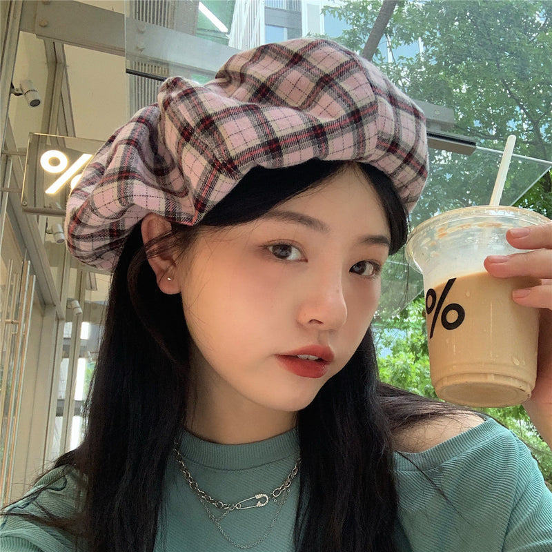 Check Beret Hat Retro Plaid Fashion