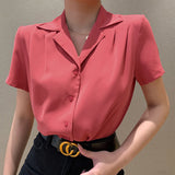 90S Fashion Solid Color Single-Breasted Retro Suit Short Sleeve Shirt