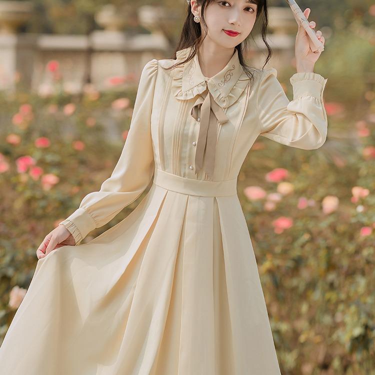 Women Retro Cottagecore Vintage Dress Square Collar Dres Spring Retro Gentle Long Sleeve Lapel Dress
