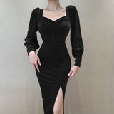 Winter Formal Dresses Autumn Winter Sexy Square Collar Chest Slimming Waist Zipper Design Long Sleeve Dress