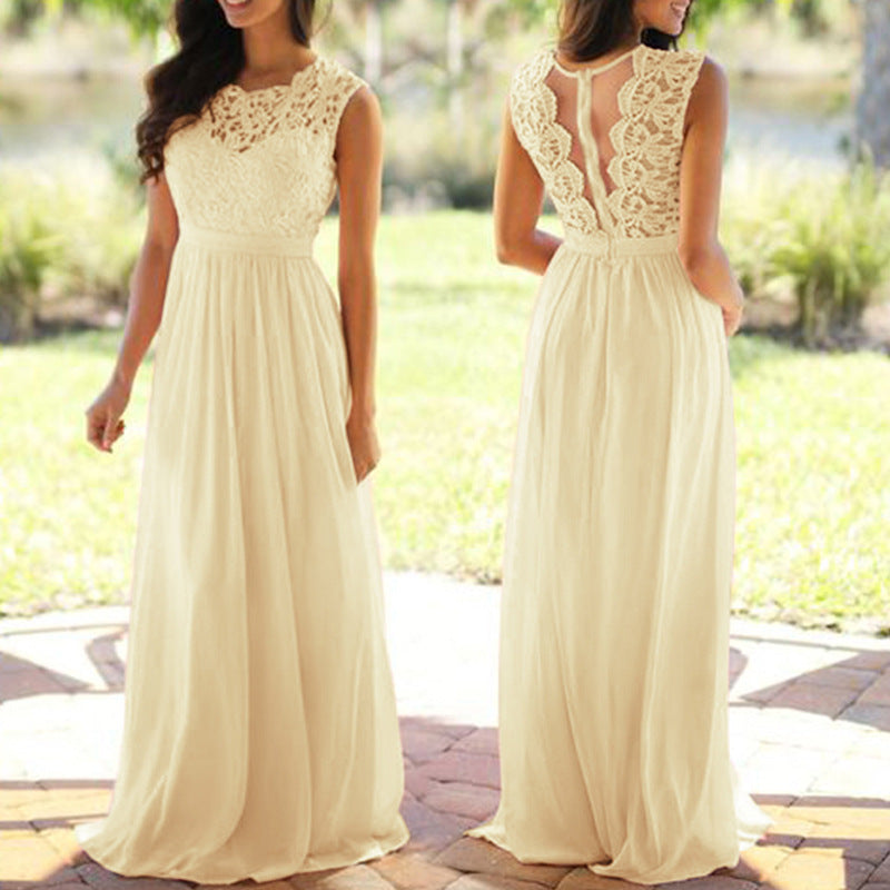 Women Lace Wedding Dress round Neck Lace Chiffon Dress Large Swing Dress Gown