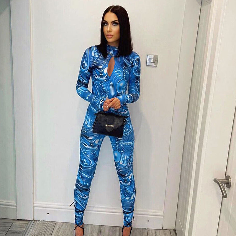 Autumn Tie-Dye Vortex Backless Long Sleeves Tight Trousers One-Piece Trousers