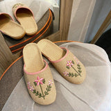 Women Open Toe Sandals Flats Summer Embroidered Linen Leisure Home Flat Slippers