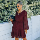 Women Fall Outfits Autumn Winter Skirt V-neck Long Sleeve Mesh Dress