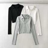 Women Fall Fall Fall Three-Color Polo Collar Long-Sleeved Top Single-Breasted Short T-shirt