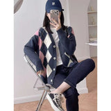 Preppy Aestitic Sweater V-neck Knitted Loose Sweater Coat for Women