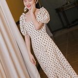 Women's Cottagecore Dress Retro Puff Sleeve Polka Dot Dress Women's Summer Waist Slimming Dress