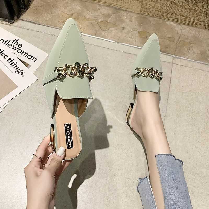 Finn Chain Pointed Toe Mule Spring Closed Toe Half Slippers Women's Low Heel Pointed-Toe Mules Shoes