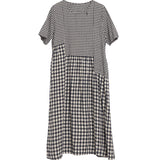 Gingham Dress Summer Artistic Loose Plaid Cotton and Linen Mid-Length round Neck Short Sleeve Dress