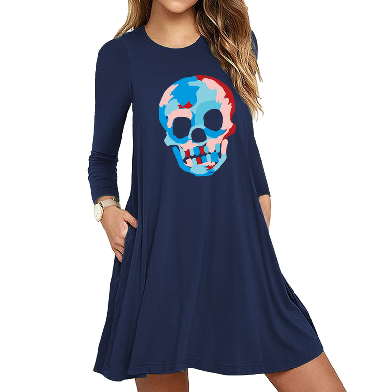 Skull Dress Halloween Skull Print Long Sleeve Slim Dress for Women