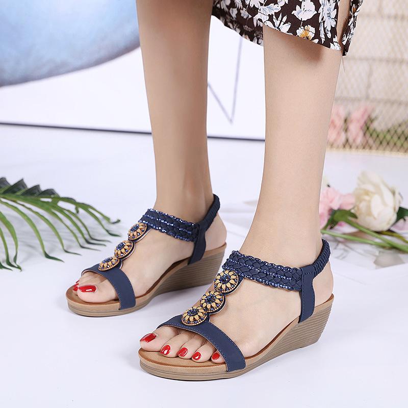 Fancy Sandals 2021 New Wooden Bead Rhinestone Bohemian Wedge Sandals