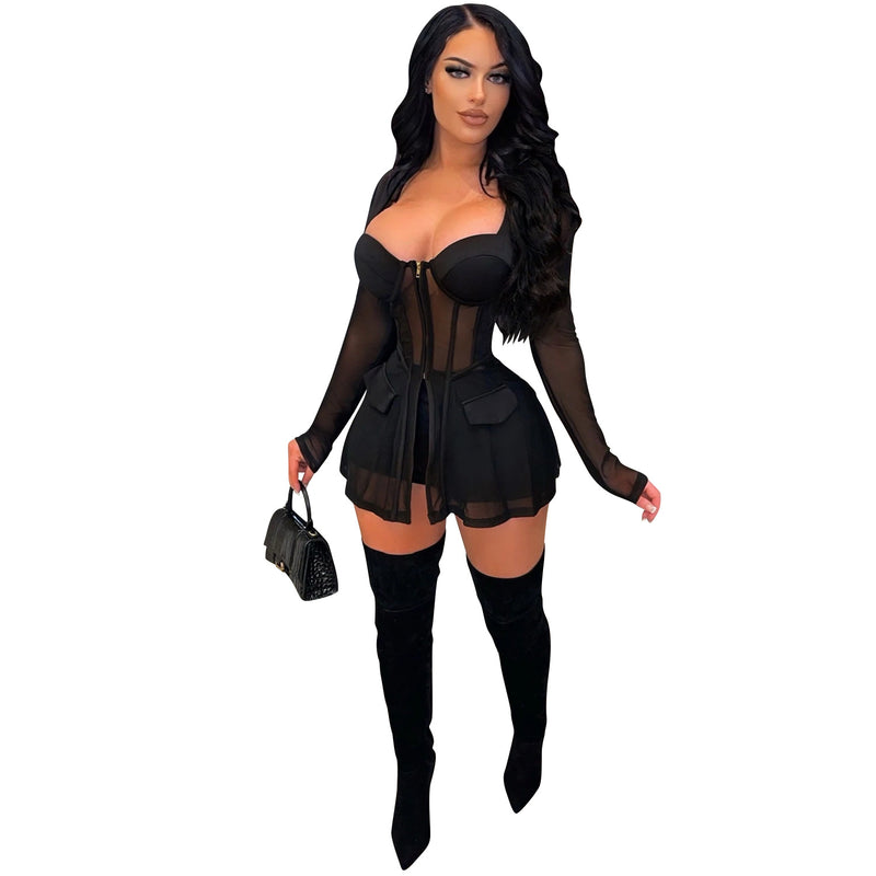 See through Pants Suit Fashion Solid Color Women's Clothing Mesh See-through Chest Wrap Long Sleeve Shorts Two-Piece Set