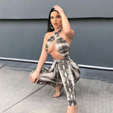 Spring Sexy Snake Print Sleeveless Cross Backless Slim Fit Bodysuit Women