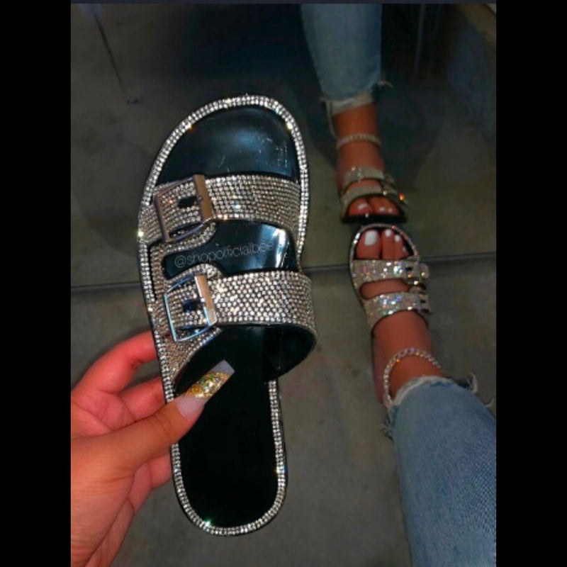 Women Open Toe Sandals Flats Summer Rhinestone Square Heel Sandals Low Heel Beach Shoes