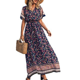 Emery Rose Dresses Cotton Printed Bohemian Dress Short Sleeve Maxi Dress