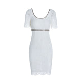 Women Spring Dress Lace Sexy Dress Cinched Slimming Short Sleeves Back Slit Dress