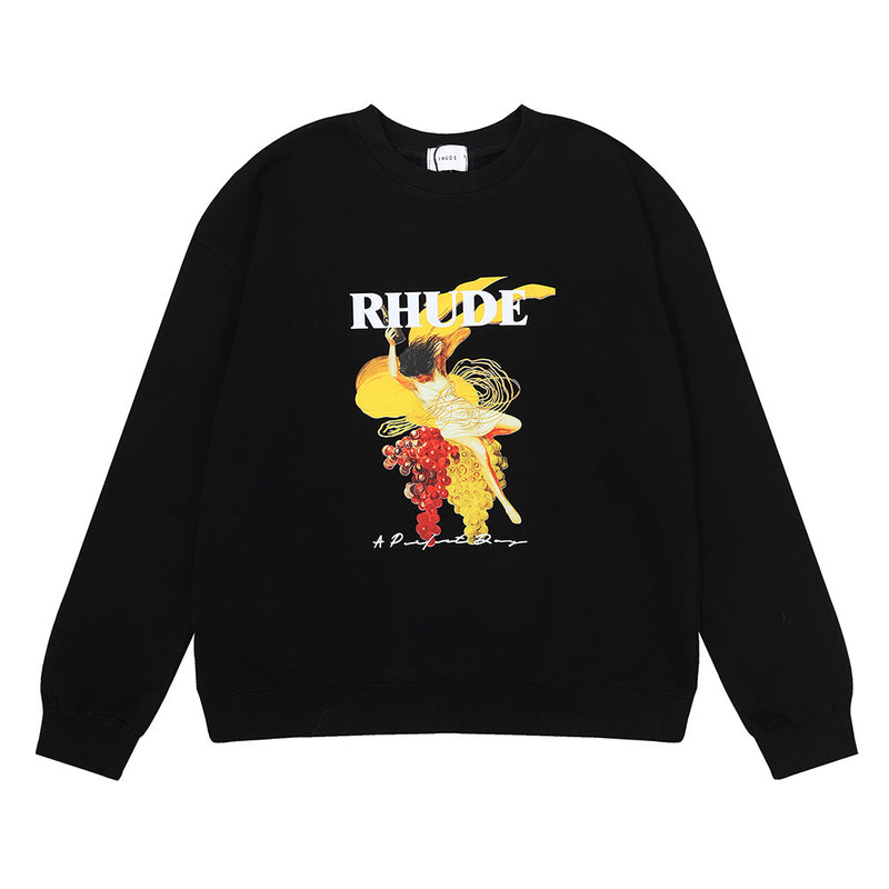 Rhude Hoodie Printed Cotton Terry Hip Hop Men and Women Casual round Neck Sweater
