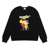 Rhude Hoodie Printed Cotton Terry Hip Hop Men and Women Casual round Neck Sweater