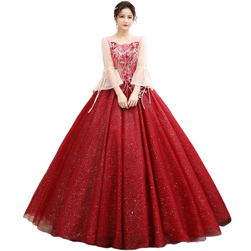 Women'S Evening Dress Ball Gown Princess Quinceanera Wedding Dress Evening Dress Long Performance Dress Pettiskirt Wine Red Toast Dress