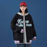 Black Varsity Jacket Autumn Letter Embroidered Stand Collar Woven Cotton Loose Men's and Women's Baseball Uniform Women's Clothing Coat Jacket