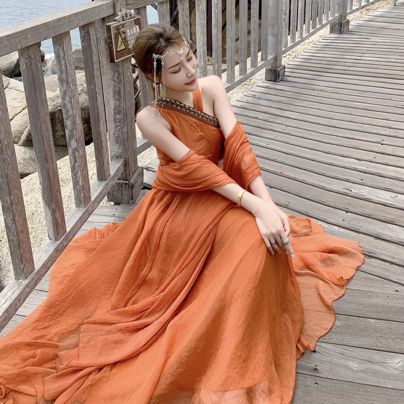 Burnt Orange Dress Summer Desert Travel Ethnic Style Rust Red Slant Shoulder Large Swing Dress Seaside Vacation Beach Dress