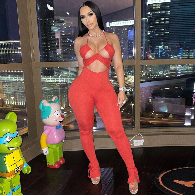 Summer Solid Color Sleeveless Drawstring Strap Backless Slim Fit Trousers Jumpsuit