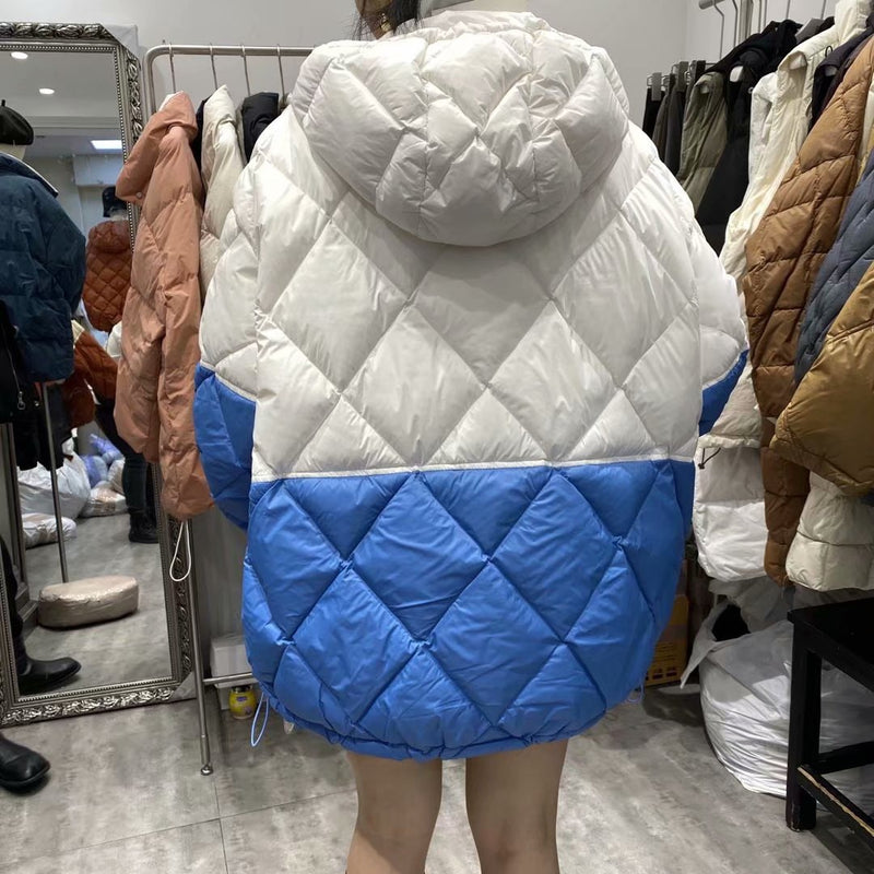 Women Winter Coat Puffer Jacket Down Coat Winter Hooded Rhombus Plaid Loose Female White Duck Down Jacket