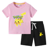 Children Pokemon Pikachu Hoodie T-shirt Shorts Two-Piece Suit Cotton