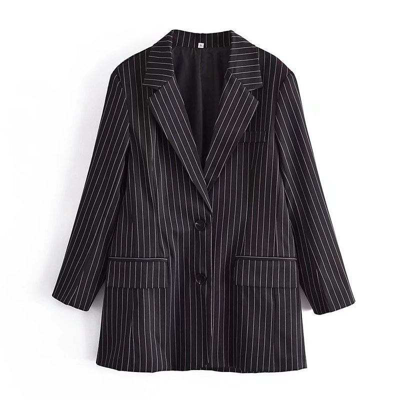 Women Fall Outfits Autumn Profile Striped Loose Suit Jacket Single-Breasted Mid-Length Top