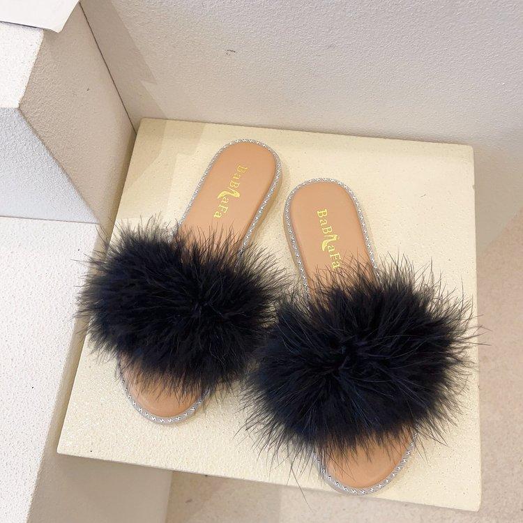Women Open Toe Sandals Flats Fur Spring and Summer Fashion Outerwear Candy Color Word Flat-Heeled Sandals