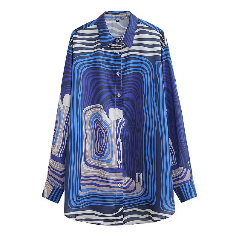 Women Fall Fall Satin Satin Satin Printed Shirt Single-Breasted Mid-Length Top
