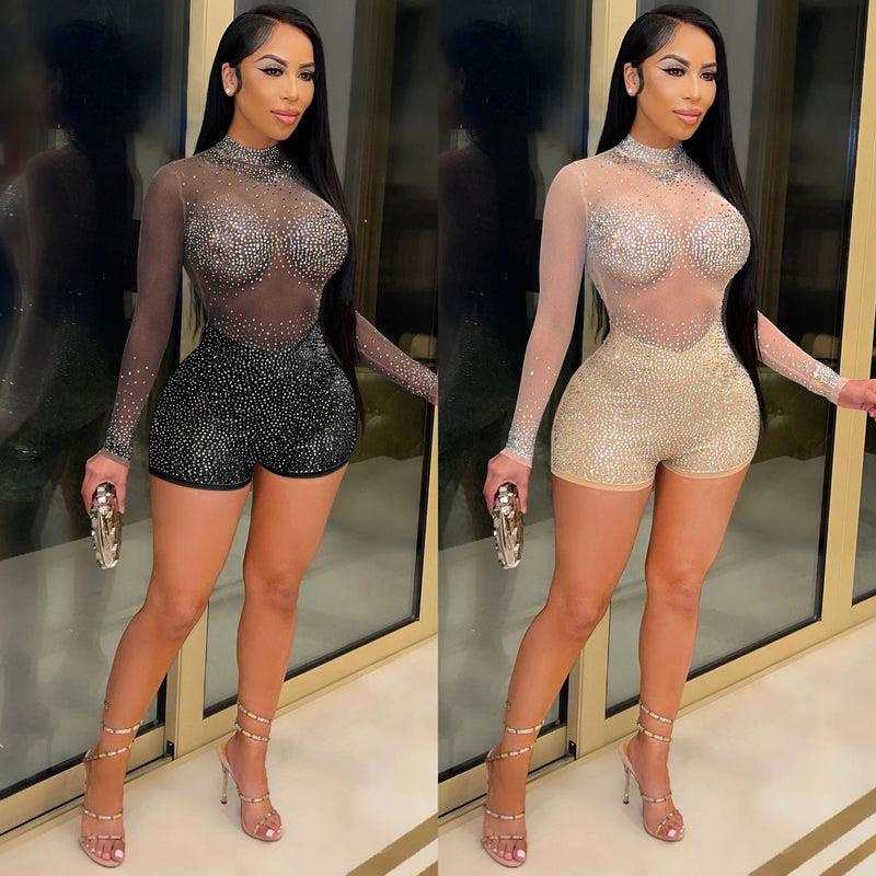See through Pants Suit Fashion Sexy round Neck Long Sleeve Nightclub Party Hot Drilling Jumpsuit