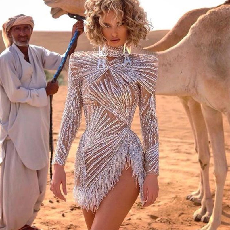 Lady Gaga Dress Short Skirt Long Sleeve Gold Tassel Split Dress