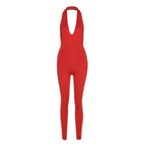 Fall Women's Clothing Sexy Backless Halter Sleeveless V-neck Hip Lifting Sport Jumpsuit