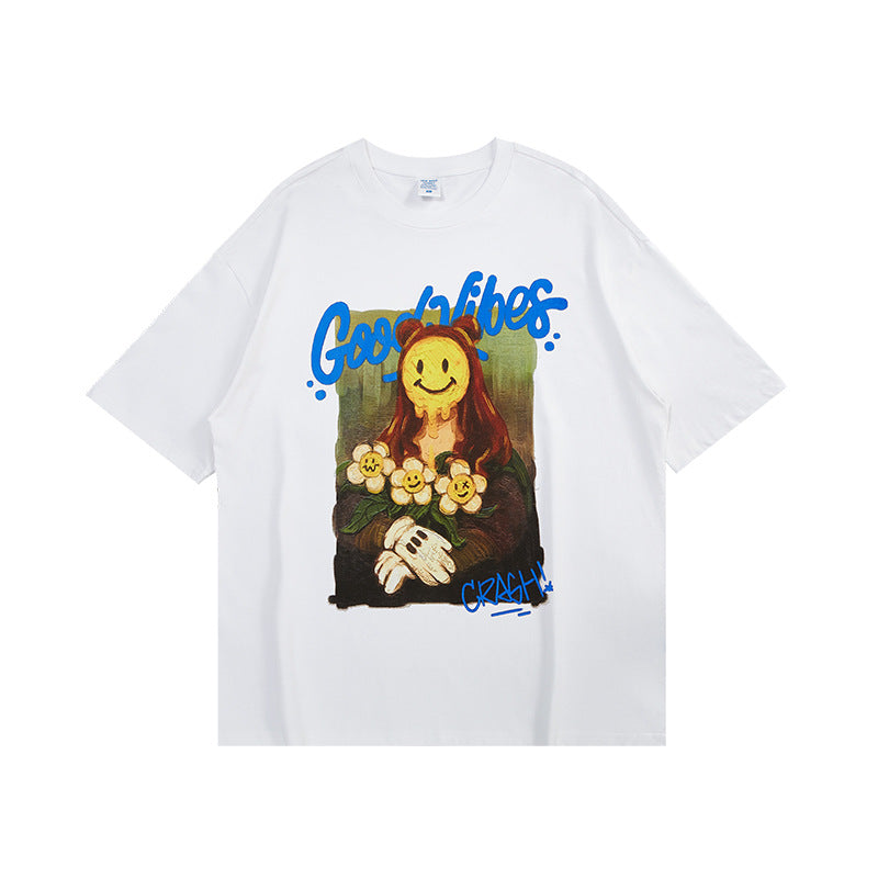 Smiley Face T Shirt Cartoon Oil Painting Mona Lisa Printed Loose T-shirt