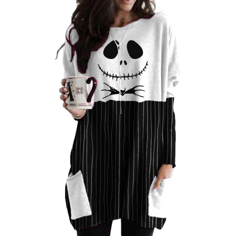 Skull Dress Casual round Neck T-shirt Printed Long Sleeve Pocket Loose Dress
