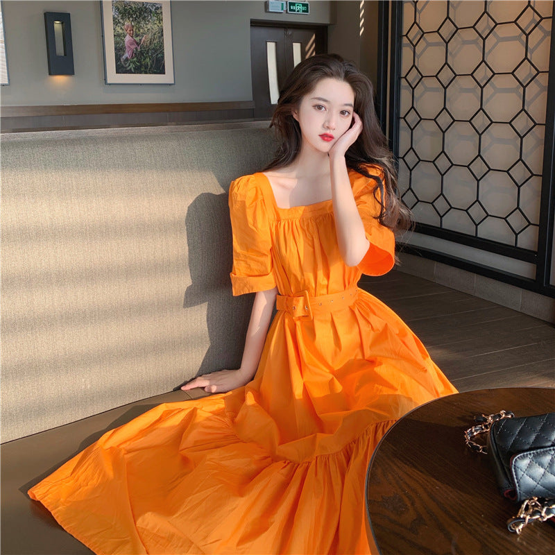 Burnt Orange Dress Summer Puff Sleeve Waist-Slimming Long Dress Women